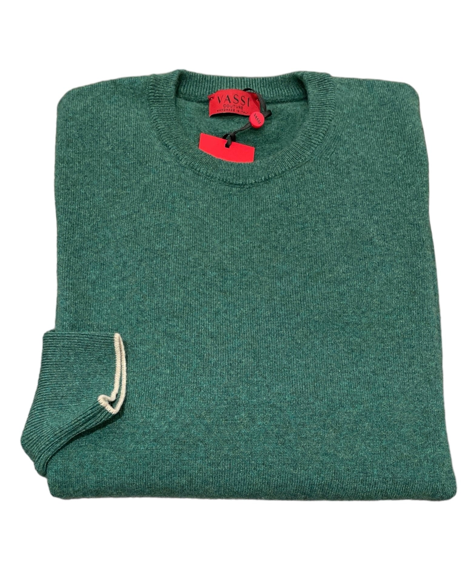 Pure Cashmere Crewneck Pullover With Contrast Trim - Green Goblin/Syllabub SWEATERS50 EU