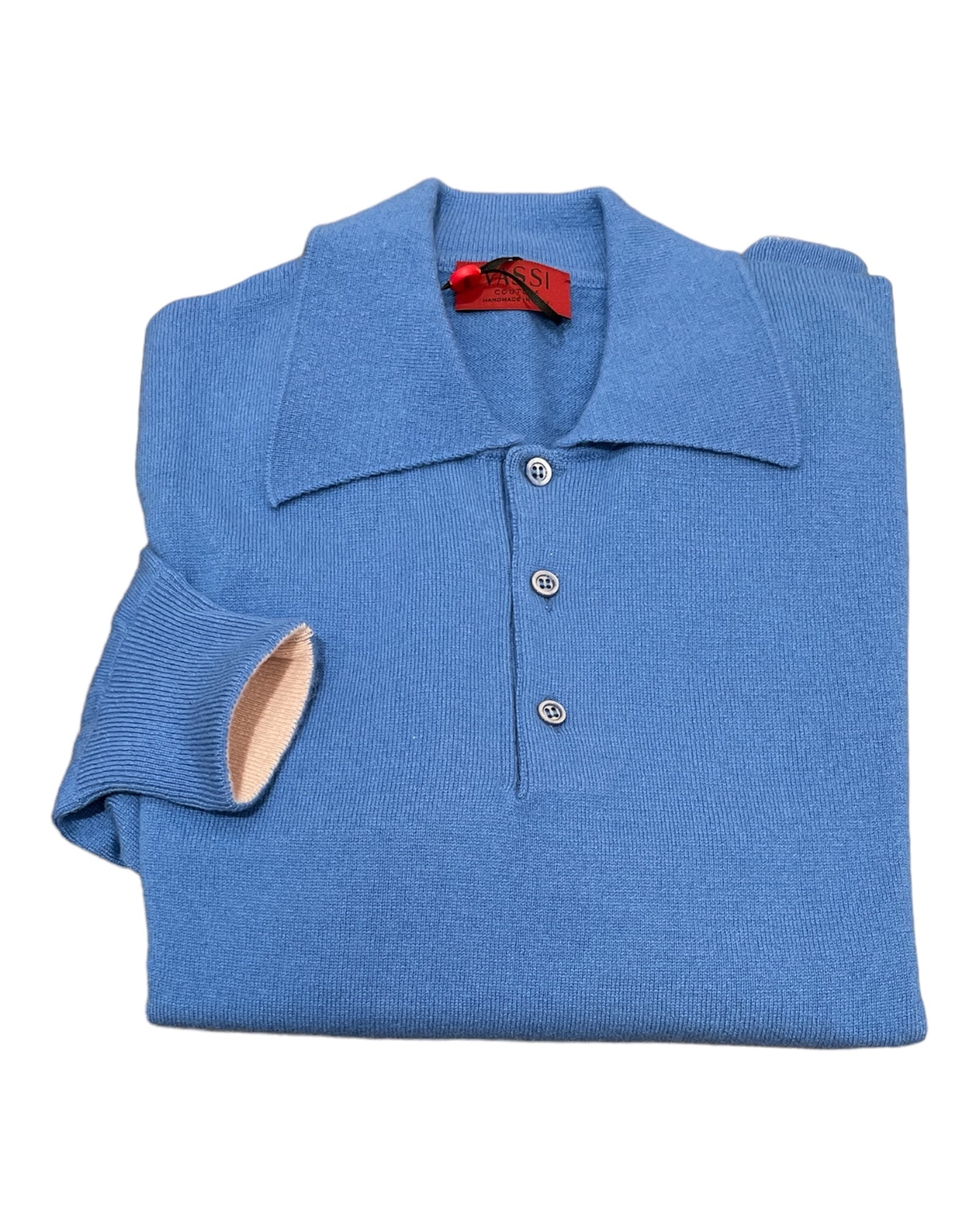 Pure Cashmere Polo with Color Contrast Hem & Cuffs - Isfahan Blue SWEATERS52 EU