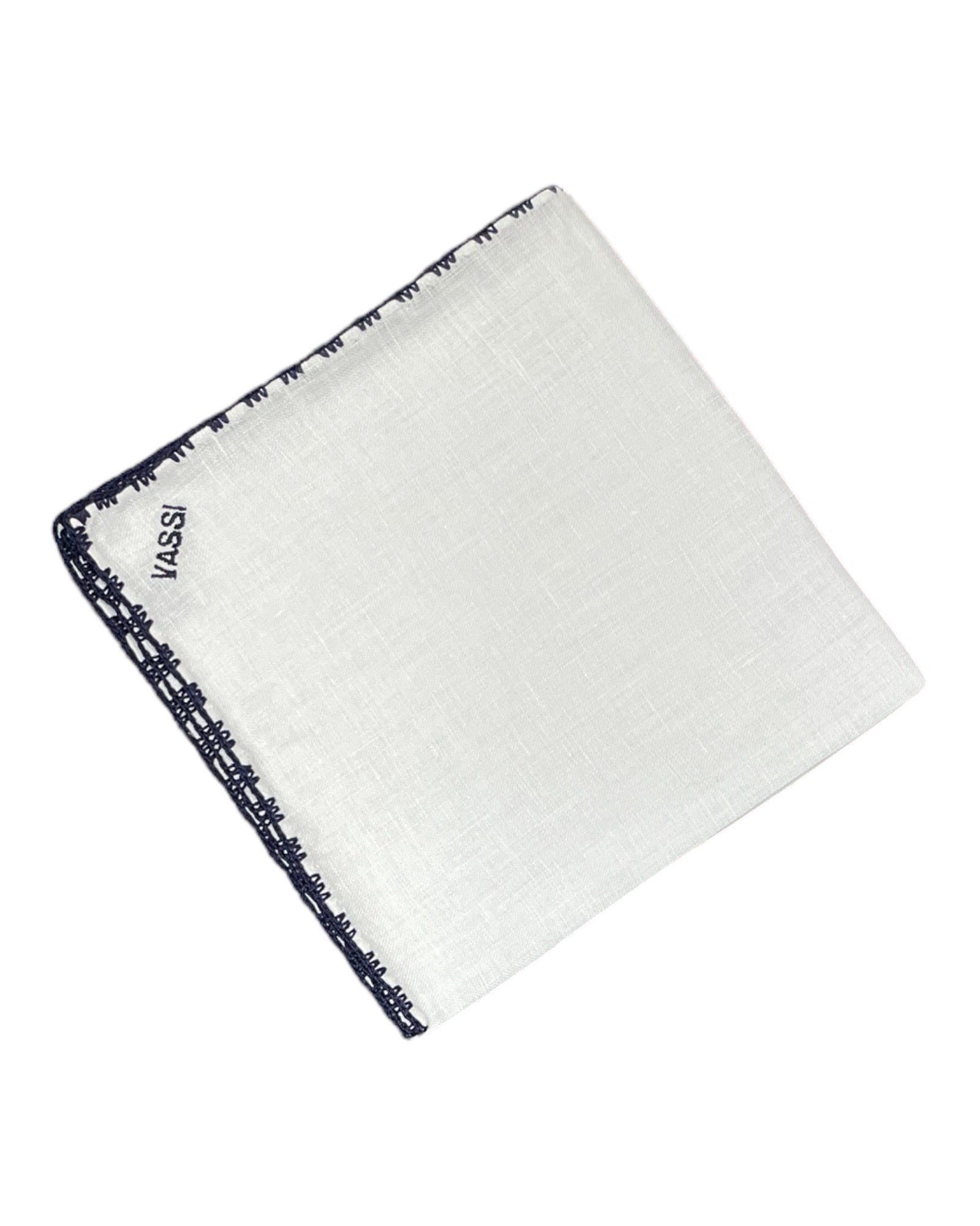 White Linen Pocket Square With Handrolled Triple V - Stitch Pocket SquareMidnight Blue