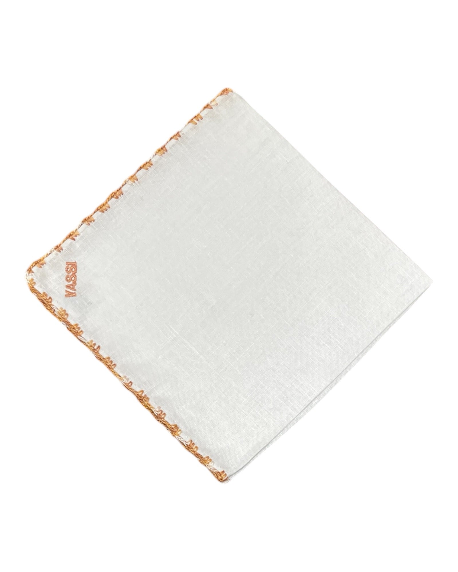 White Linen Pocket Square With Handrolled Triple V - Stitch Pocket SquareCaramel